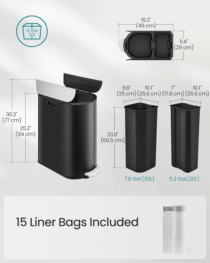 SONGMICS 13-Gallon Dual Kitchen Trash Can, 5.3 and 8 Gallon Compartments - Image 7