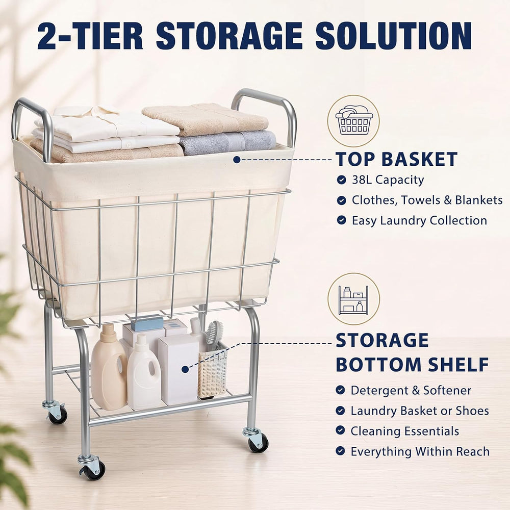 Rolling Laundry Basket with Wheels 26" Height Metal 2-Tier Cart