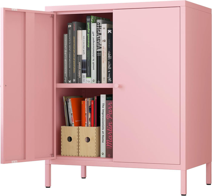 2 Door Metal Accent Storage Cabinet for Home, Living Room,Office Room,Kitchen-Metal Locker Cabinet with 1 Adjustable Shelves-2-Tier (Small 2 Door Cabinet, Pink)