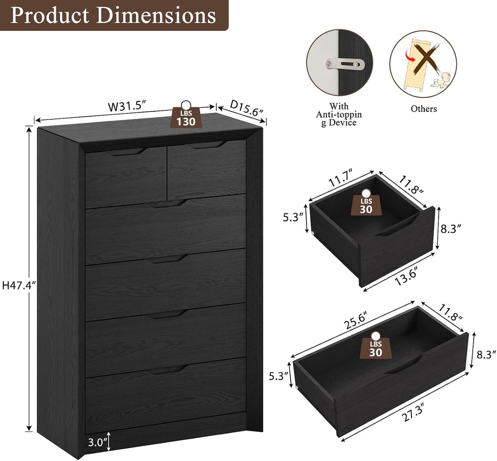YANSNWO Black 6 Drawer Dresser for Bedroom, 47.4" Tall Chest of Drawers