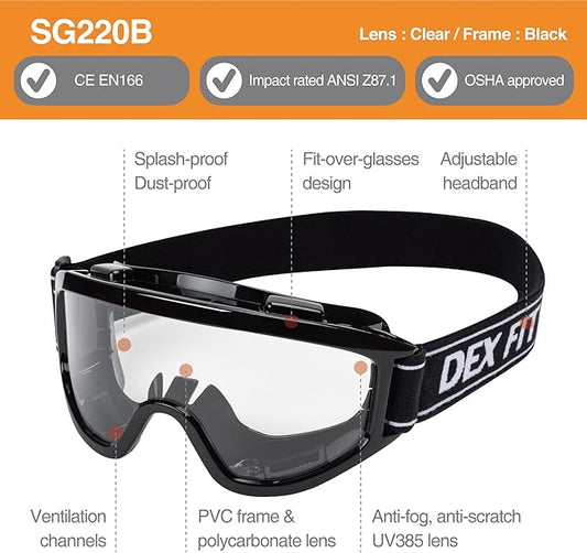 DEX FIT Protective Safety Goggles SG220B; Anti Fog & Scratch, Z87 Eye Protection - Image 2