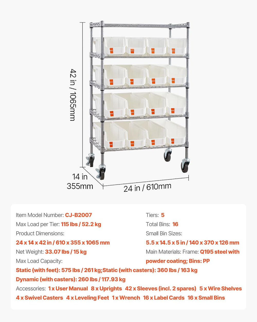 VEVOR 5-Tier Rolling Bin Storage Rack, 16 Organizer Bins, Bin Rack Storage St...
