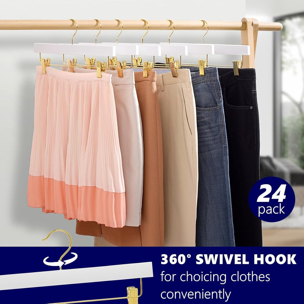 Amber Home 24 Pack White Wooden Pants Hangers with Gold Clips