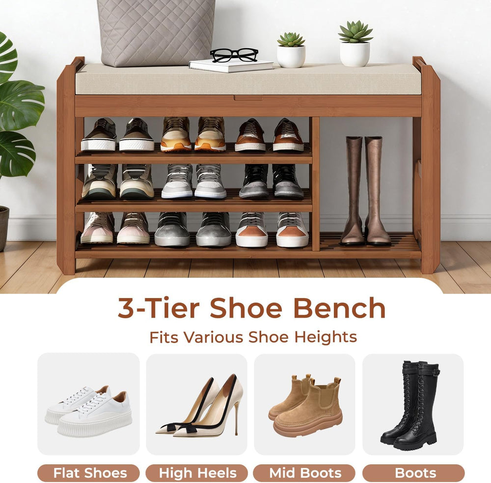 39.4" Entryway Shoe Rack Bench with Cushion, 3-Tier Storage Bench
