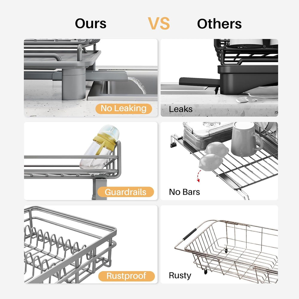 SNTD Expandable Dish Drying Rack for Kitchen Counter, Stainless Steel, Grey