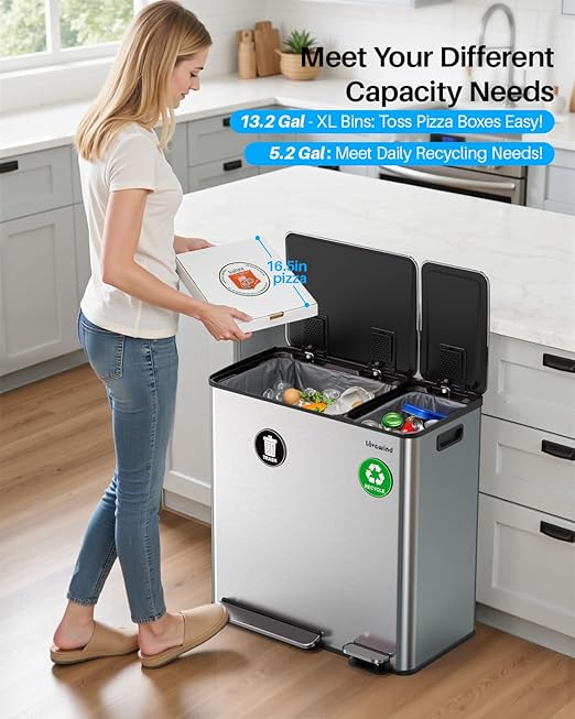 Dual Trash and Recycling Bins for Kitchen, 13.2 + 5.2 Gal Stainless Steel Trash - Image 2