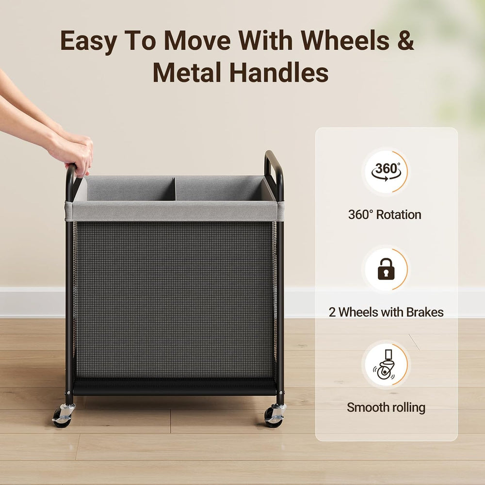 ELYKEN Laundry Hamper 2 Section, 100L Rolling Laundry Sorter with Wheels