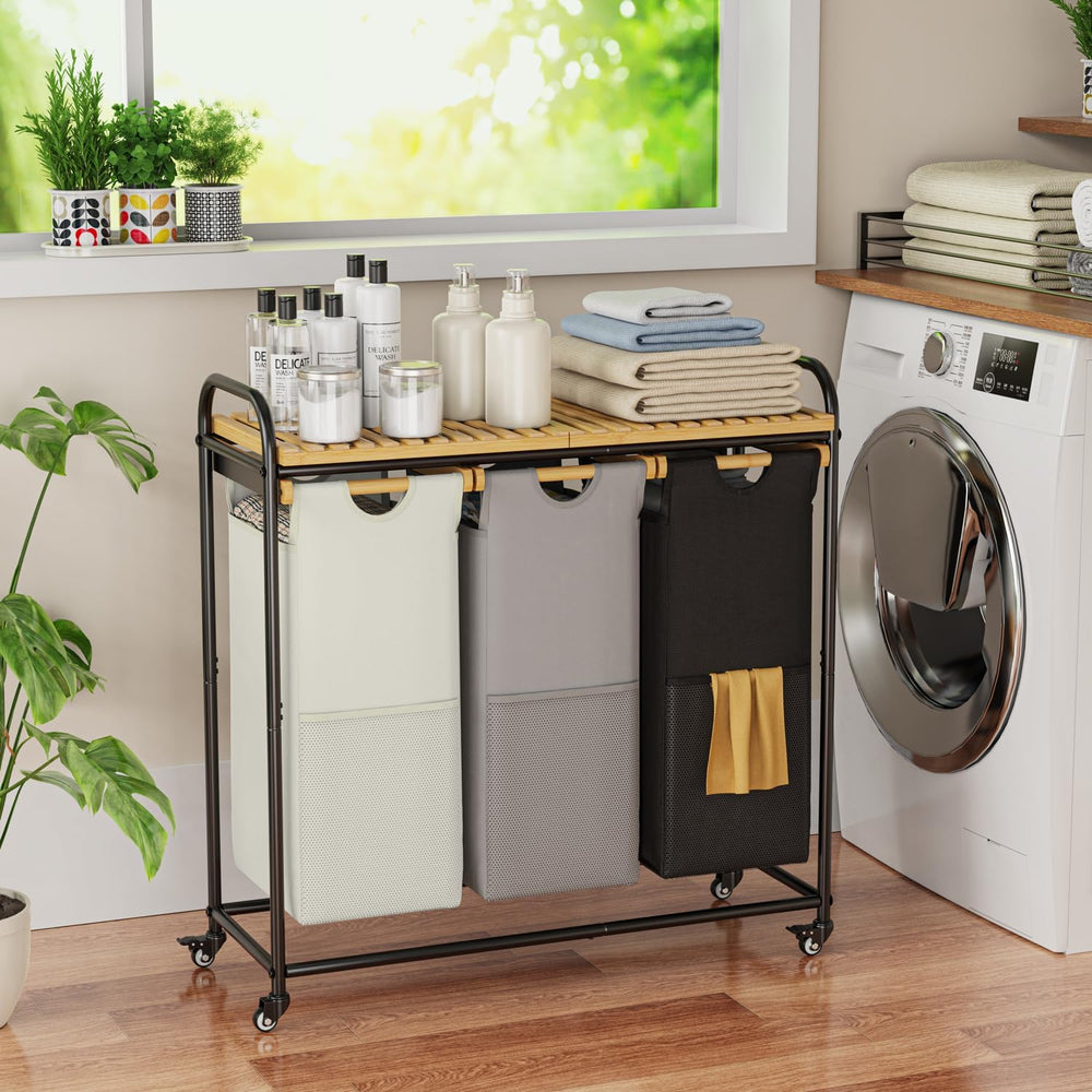 Laundry Hampers 3 Section, Laundry Sorter with Removable Shelf and Pull-Out B...