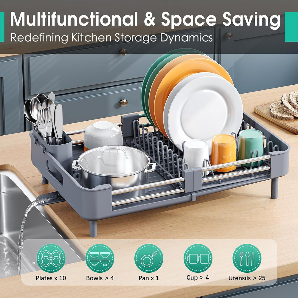 TOOLF Expandable Dish Drying Rack for Kitchen Counter, Standard, Grey