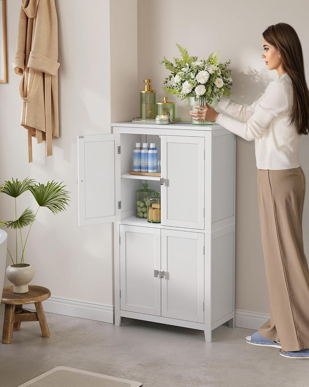 VASAGLE Bathroom Floor Storage Cabinet with 4 Doors, Cloud White
