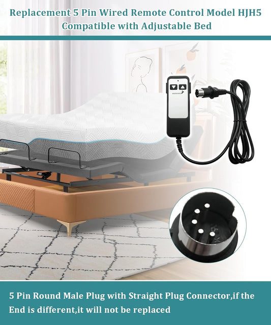 HJH5 2 Button 5 Pin Adjustable Bed Richmat Wired Remote Control Replacement Parts Fits for Matt.Firm 50 Series & Leggett and Platt Bas-X CF Wired Adjustable Bed