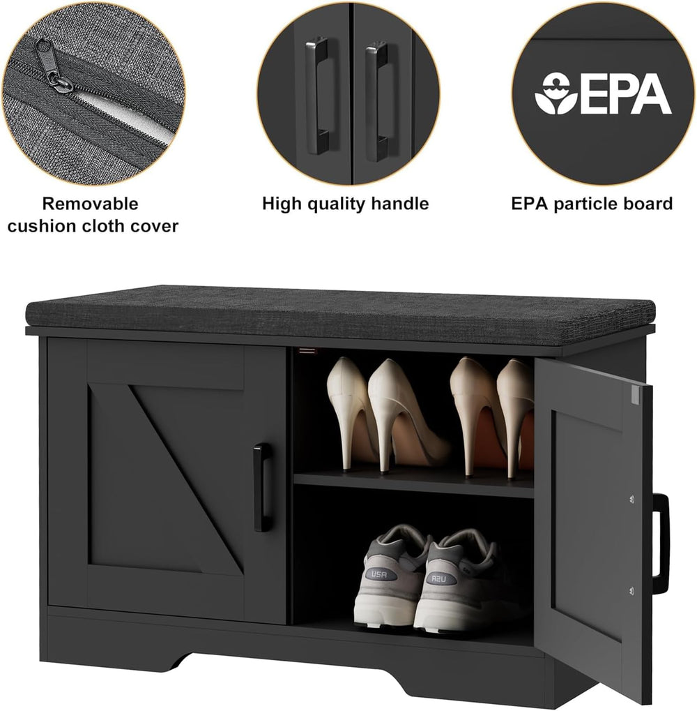 HOMSHO Farmhouse Shoe Storage Bench with 2 Barn Doors & Padded Seat Cushion