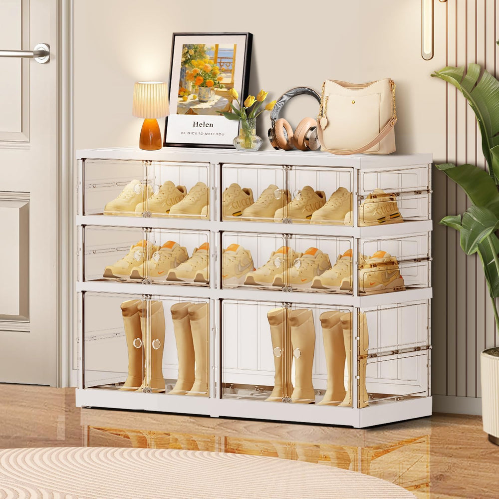 CIMLORD 3-Tier Foldable Shoe Rack, Magnetic Clear Doors, 12 Pairs, White