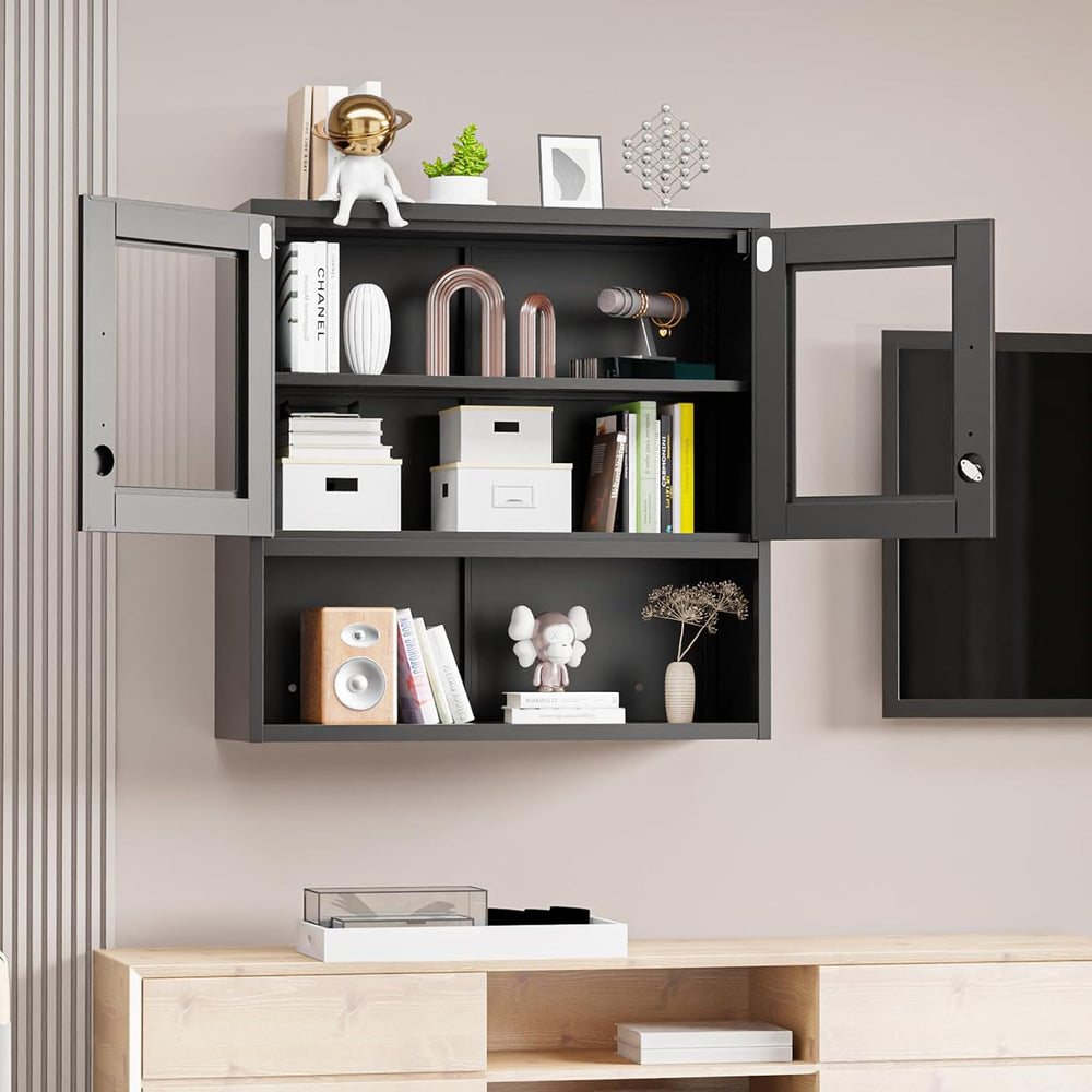 VINGLI Metal Wall Cabinet with Locking Glass Doors & Magnetic LED Sensor ...
