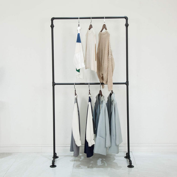 Industrial Pipe Clothing Rack 2-Tier Commercial Garment Rack Standing Display Shelves Closet Organizer 74.8 inch Black