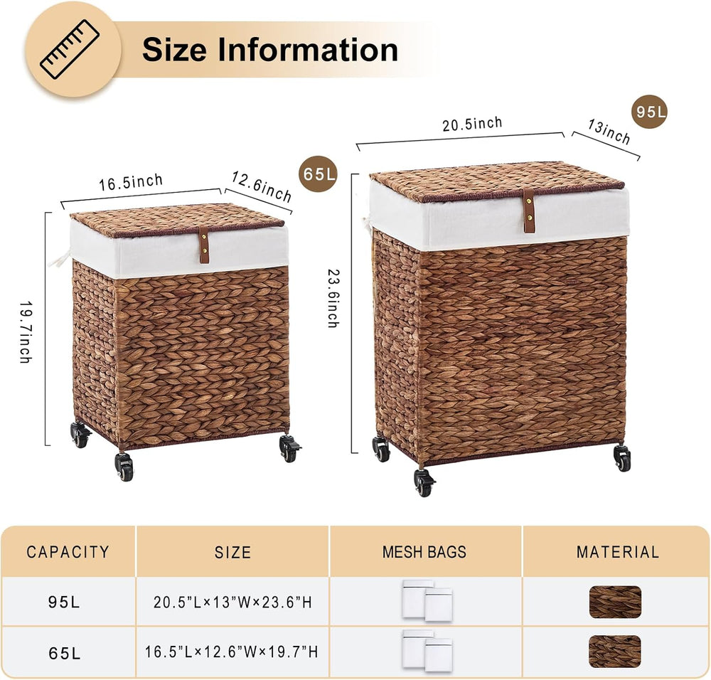 Handwoven Laundry Hamper with Wheels, Natural Water Hyacinth Rolling Laundry ...
