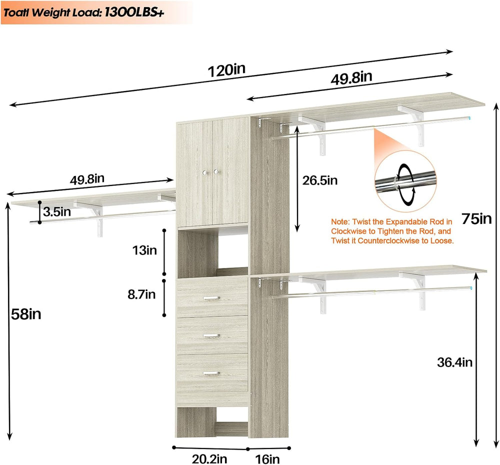 120 Inches Closet System With Doors, 10FT Walk In Closet Organizer with 3 She...