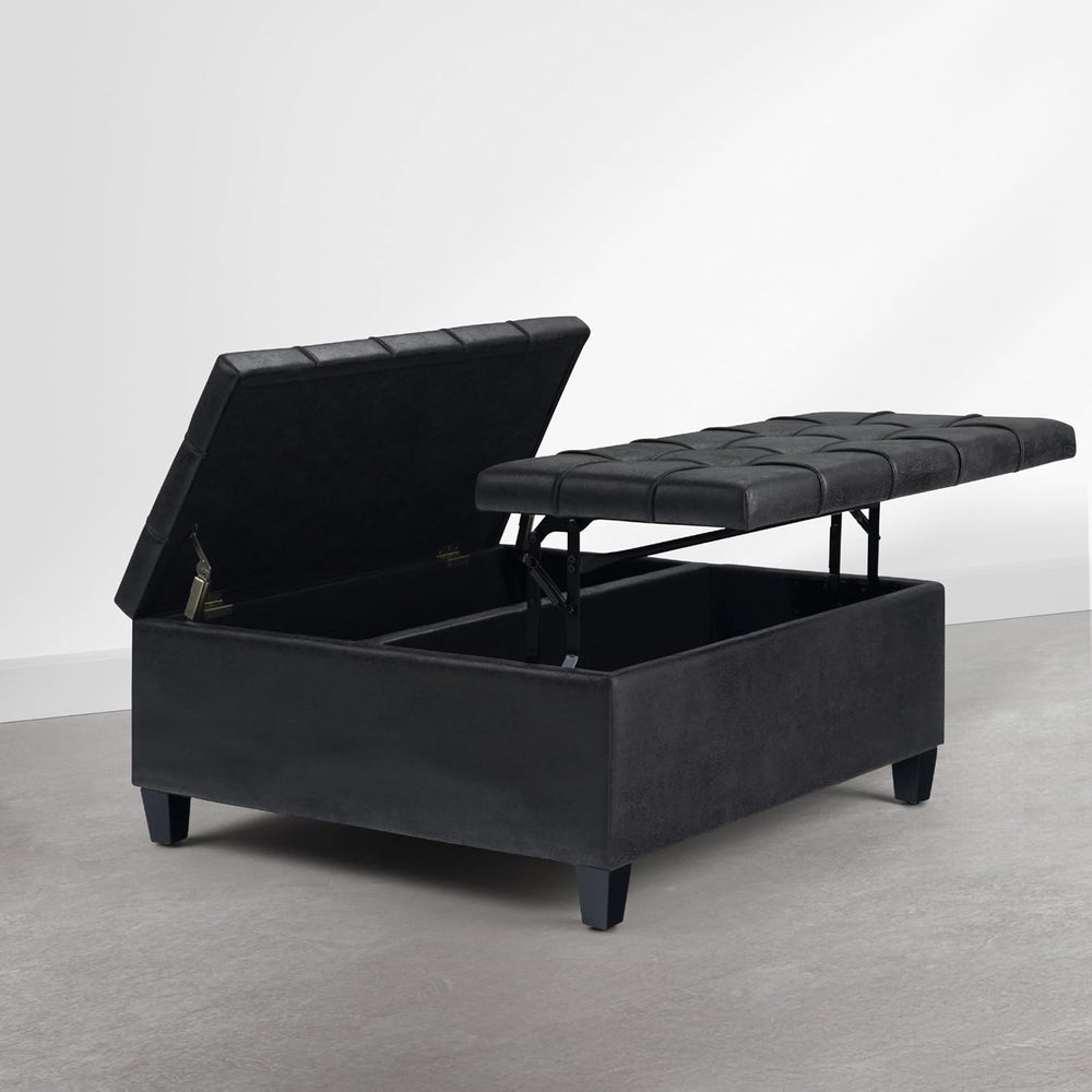 SIMPLIHOME Harrison 36" Vegan Leather Ottoman in Distressed Graphite Black