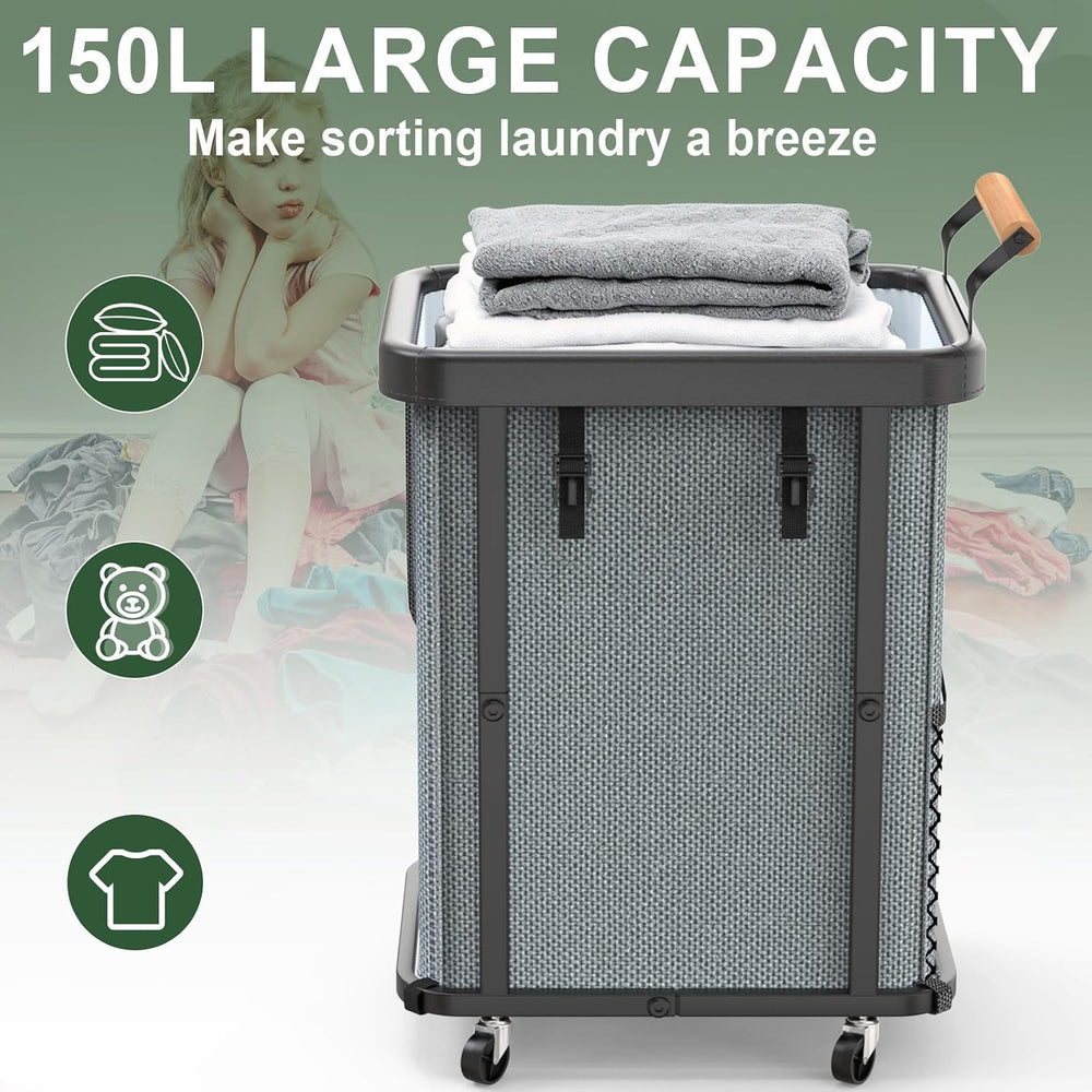 150L Laundry Basket with Wheels,Rolling Basket Hamper with Lid&Handle Gray