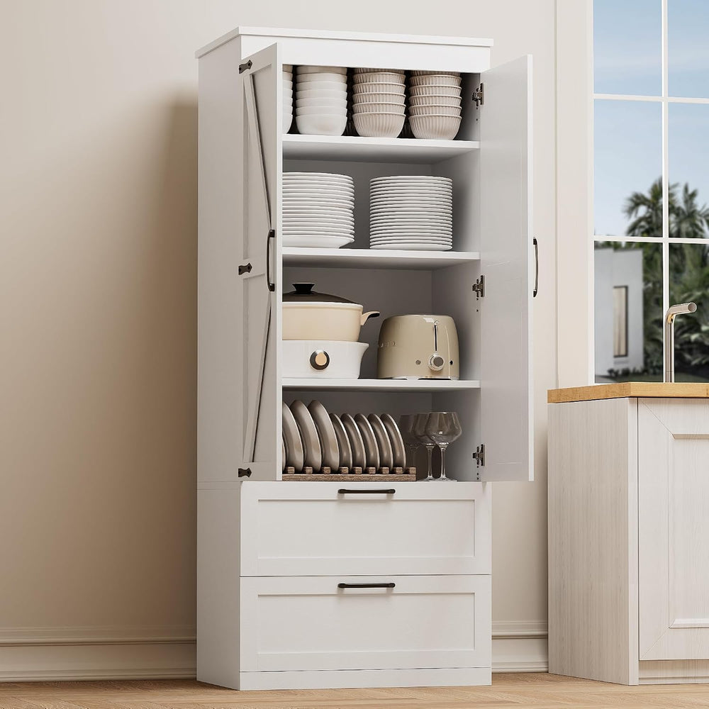 71” H Kitchen Pantry Cabinet, 4-Tier Farmhouse Storage Cabinet with Barn Door...