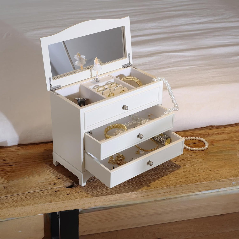 White Ballerina Musical Jewelry Box with Mirror for Girls and Women,Jewelry S...