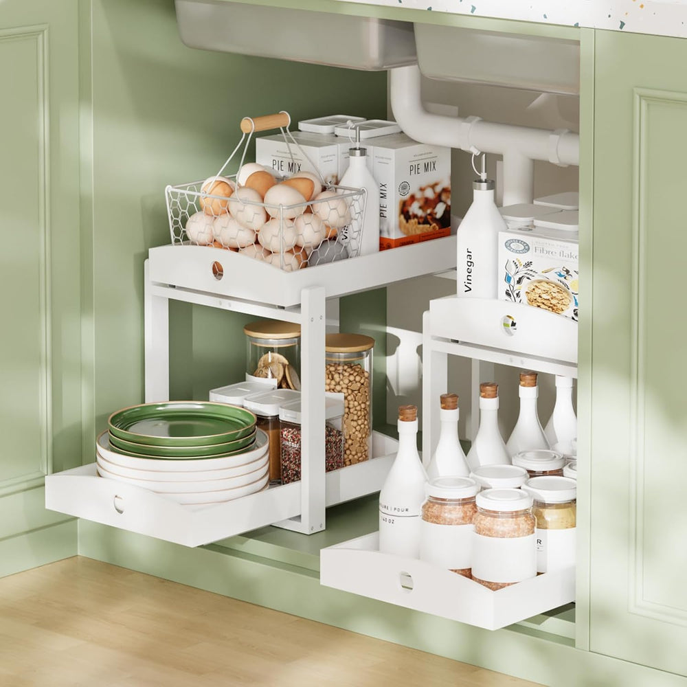 2 Pack Bamboo Under Sink Organizer, 2-Tier Pull-Out Drawers, Kitchen & Bath