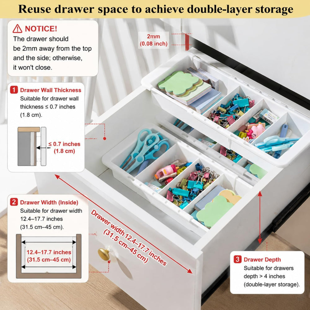 Expandable Deep Drawer Organizer Bins for Desk, White, 4 Pcs