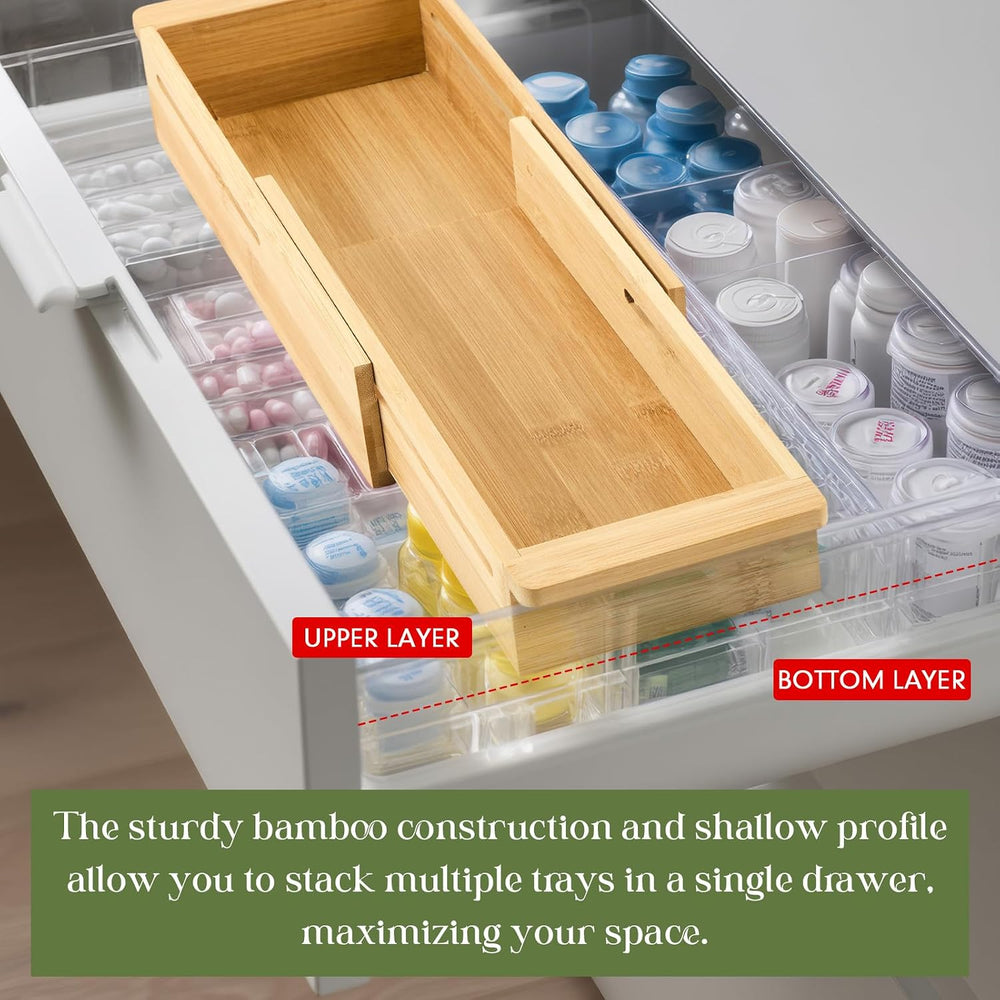 LemonRoad 2 Pcs Sliding Drawer Organizer 12.4-17.7 Inch Bin Bamboo Drawer Exp...