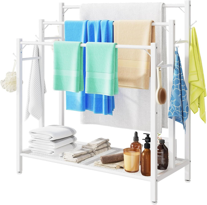 HavenlyYouth 3 Tier Free Standing Towel Rack, Pool Towel Rack with Metal Shelf for Outside, Blanket Drying Holder for Display and Storage in Bathroom, 35.8" H x 31.5" L x 11.8" W, White