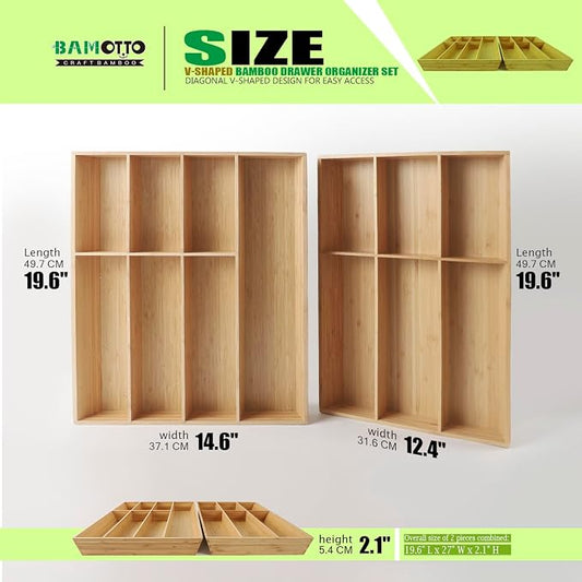 V-Shaped Extra Large Bamboo Drawer Organizer Set of 2, Kitchen Cutlery Tray - Image 2