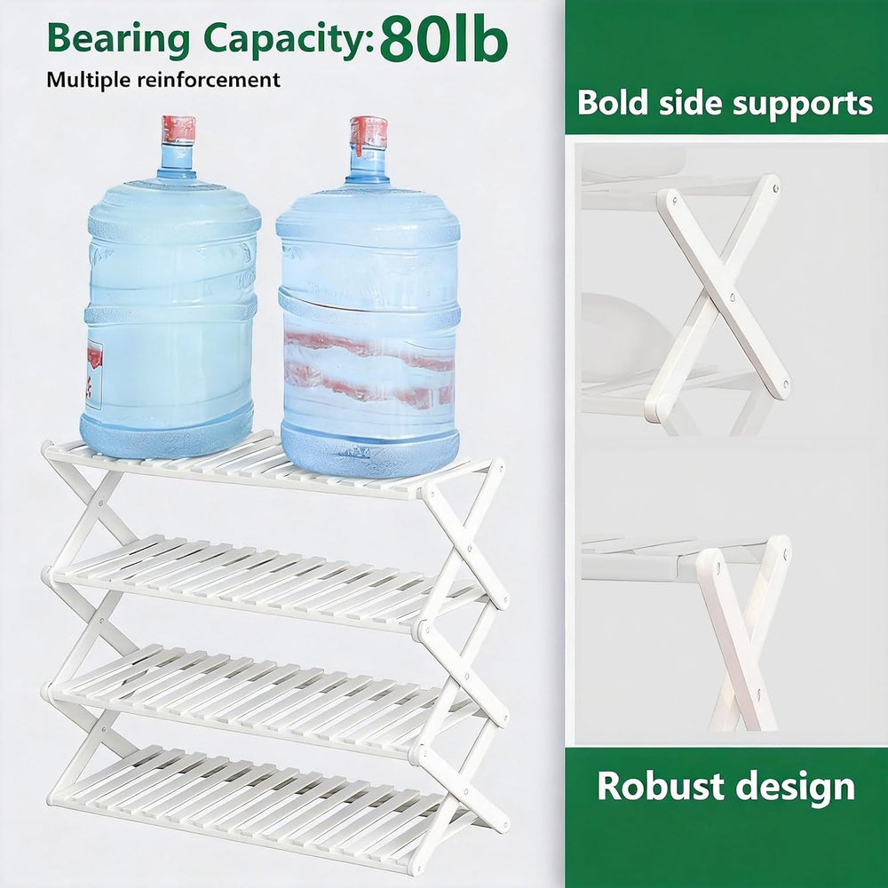 4 Tier Bamboo Shoe Rack White,Portable Folding Shoe Storage Rack,Without Inst...