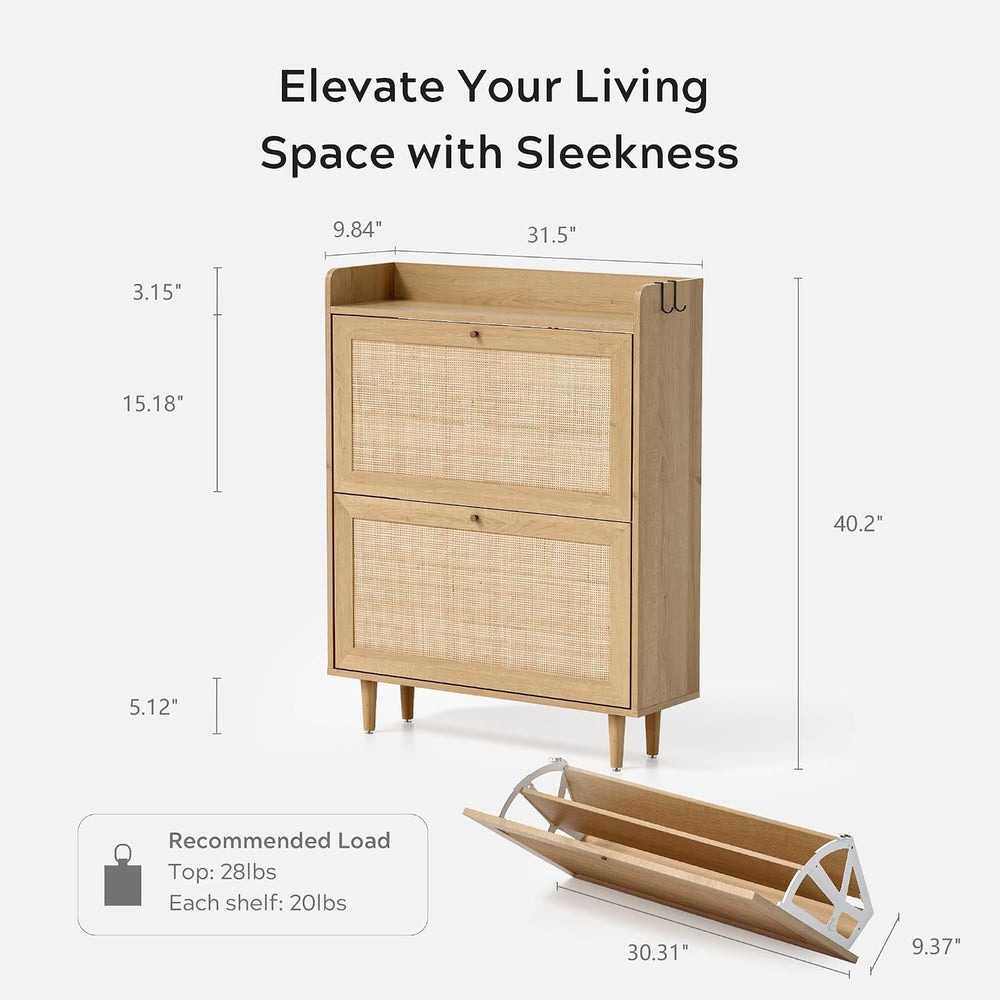 EYYTHUNG Rattan Shoe Cabinet with 2 Flip Drawers, Mid Century Modern Shoe Org...