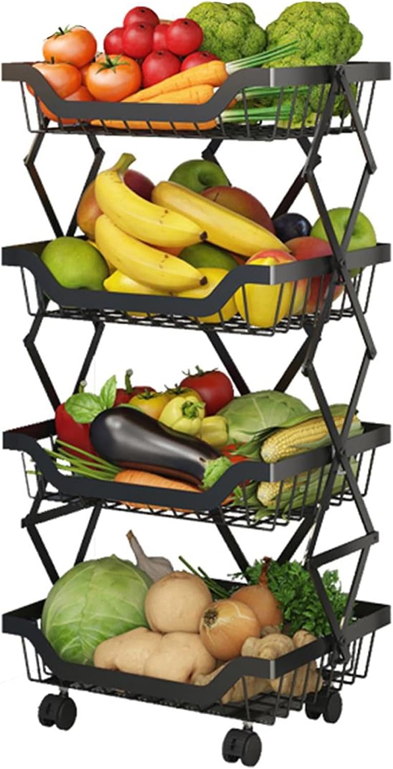 4-Tier Rolling Pantry Floor Organizer with Wheels, Foldable Fruit Vegetable S...