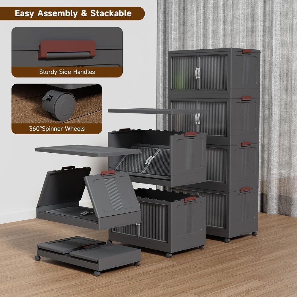 Collapsible Storage Bins with Lids and Front Doors, Heavy-Duty Stackable Plas...