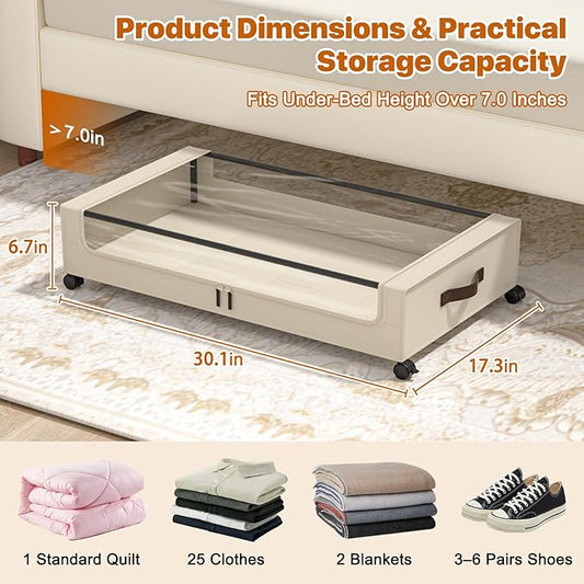 Under Bed Storage with Wheels, 4 Pack Under Bed Storage Containers with Clear - Image 2