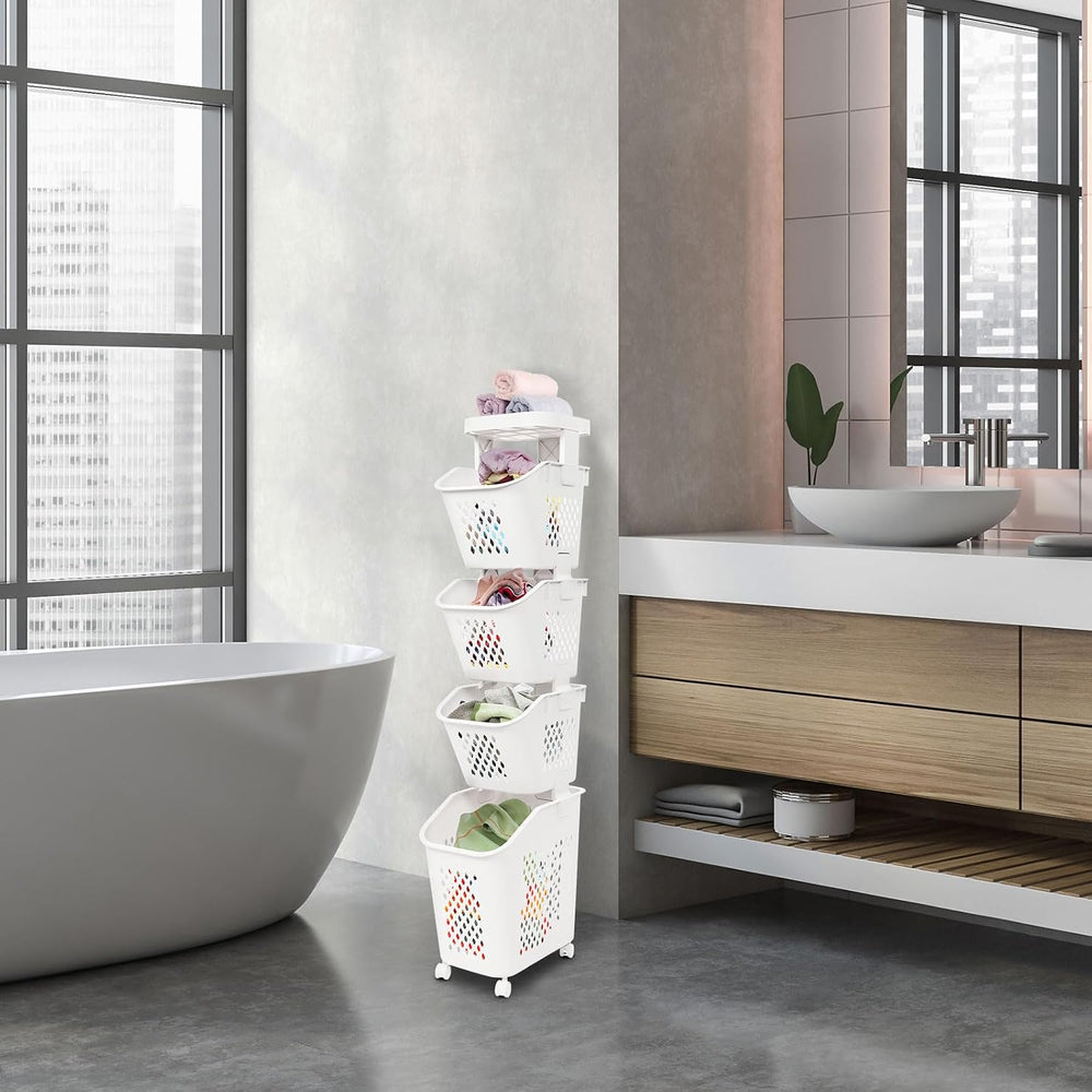 4-Tier Rolling Laundry Hamper, Plastic Laundry Cart Organizer with Wheels, Co...