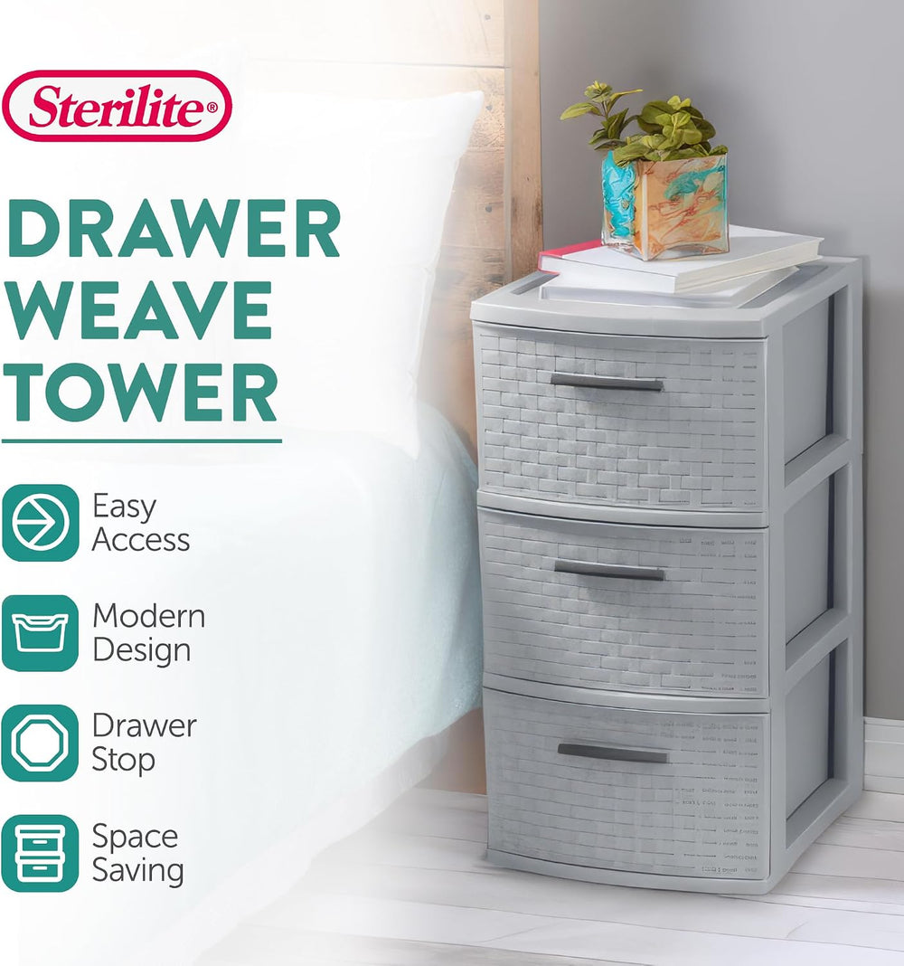 Sterilite Wide 3 Drawer Storage Organizer Tower, Cement, 2 Pack