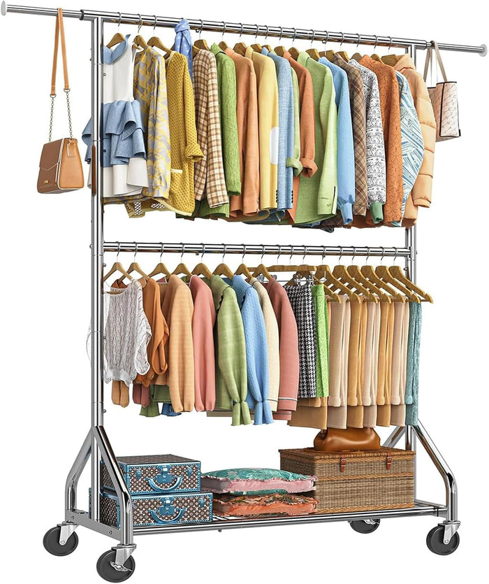 Simple Trending Double Rod Clothing Rack, Heavy Duty Clothes Rack, Chrome