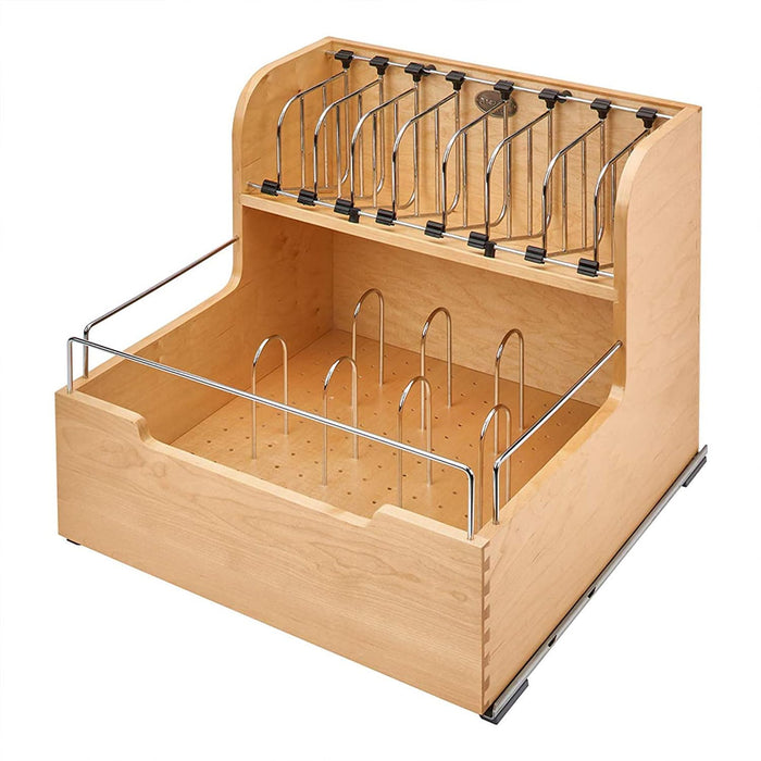 Rev-A-Shelf 24" Divided Storage Bin for Kitchen or Bathroom Cabinets, Food Storage Containers/Utensils Organizer w/Soft-Close, Wood, 4FSCO-24SC-1