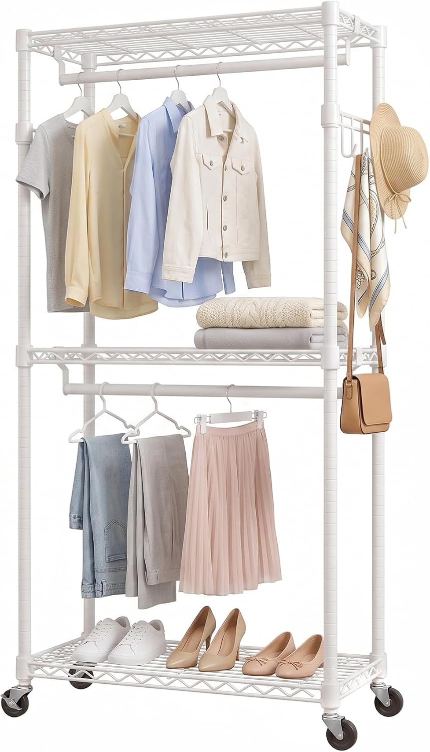 Alpen Double Hanging Rrods Clothes Rack wih Wheels, Easy to Assemble, White