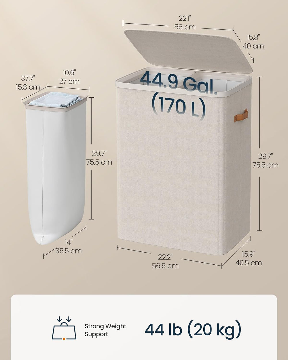 SONGMICS HOME Laundry Hamper with Lid, 2 Section Laundry Basket with Removabl...