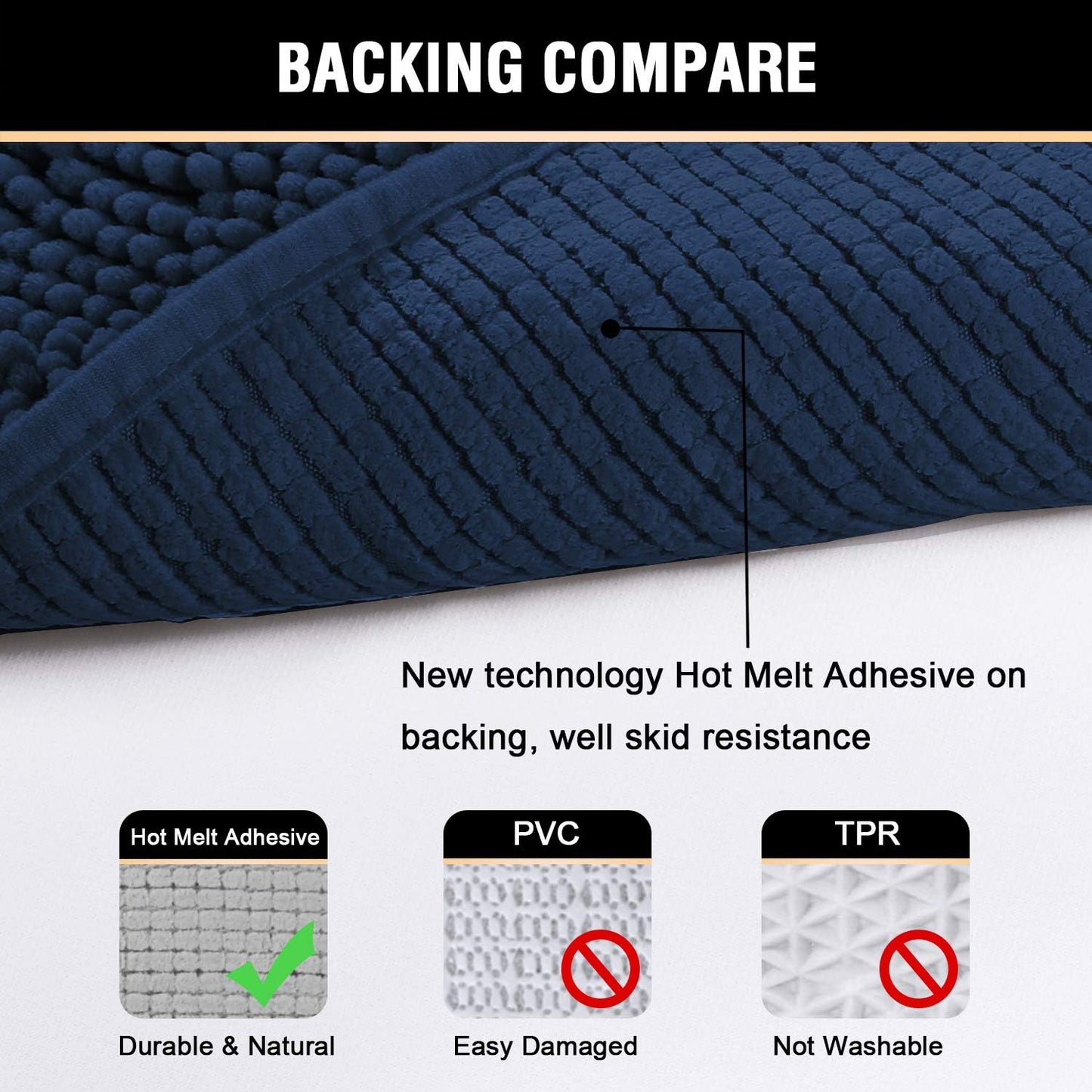 H.VERSAILTEX Navy Blue Bath Rug, Bath Mat Non Slip Bath Mats for Bathroom Floor, Bathroom Rug Extra Thick Chenille Rug 17" x 24" Absorbent Soft Shaggy Washable Dry Fast Plush Rugs for Bathtubs