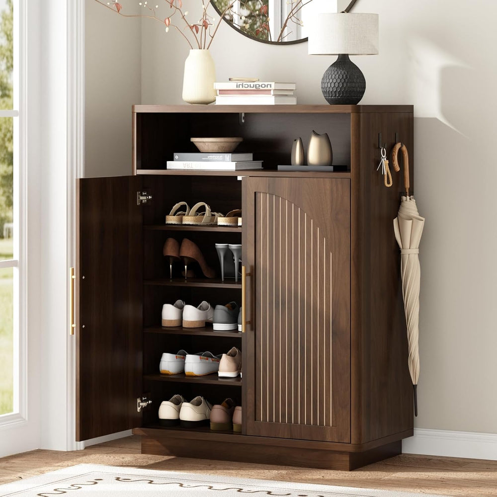 Fluted Shoe Storage Cabinet with 2 Arch Doors, 43" Tall Wood Cabinet