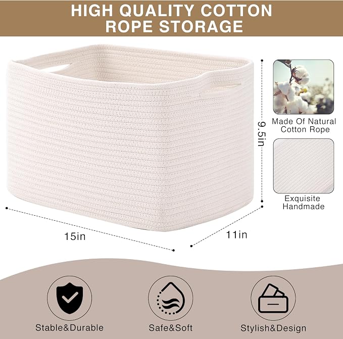 Storage Baskets for Organizing Shelves, Woven Cotton Rope Bins for Baby Nursery