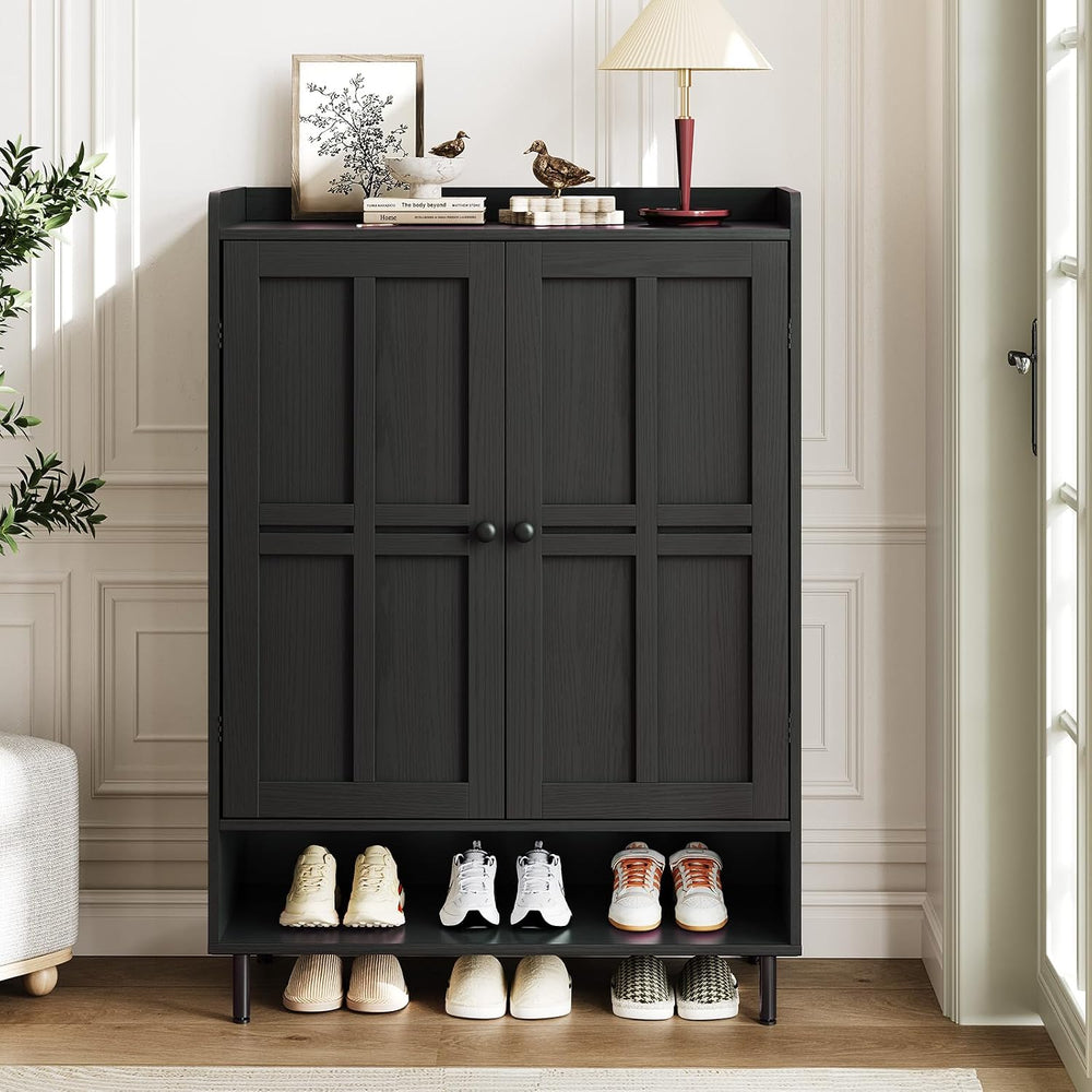 ComfyCorner Shoe Cabinet with Cross Molding Doors, 6-Tier Storage, Black
