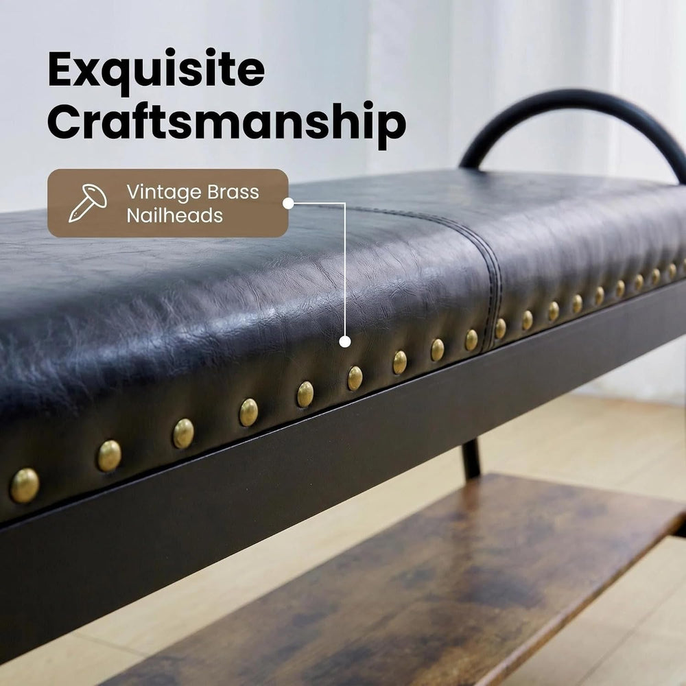Forteek 39.4" Shoe Bench with Shelf, Industrial Faux Leather Entryway Bench
