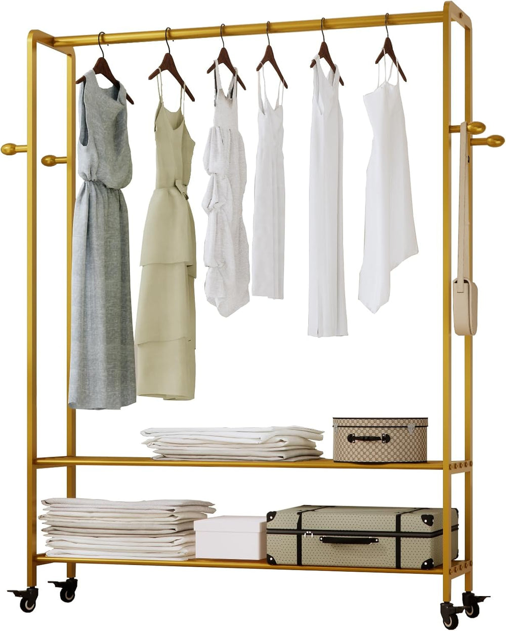Gold Rolling Garment Rack with Shelves and Hooks,Freestanding Metal Clothing ...