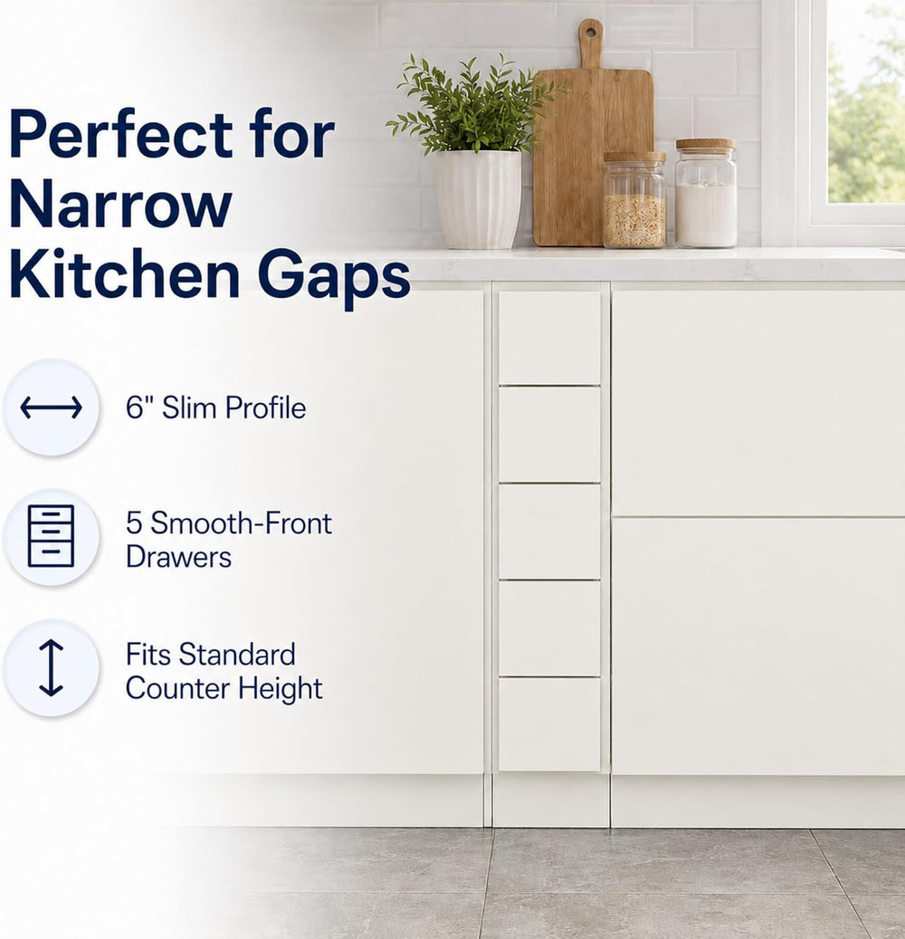 6 Inch Narrow Kitchen Cabinet with 5 Drawers (Dov White, Shaker)