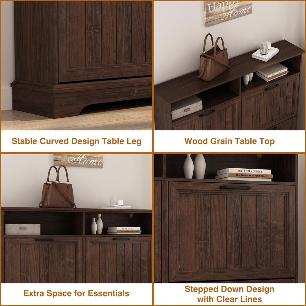 Hidden Shoe Storage Cabinet with 4 Flip Drawers & Open Storage