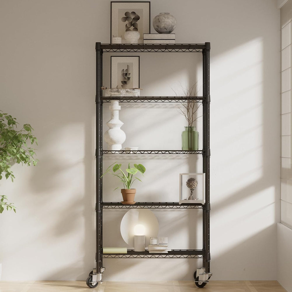 2 Pack 5-Tier Metal Wire Shelving Unit with Wheels & Feet, 14" D x 3...